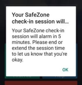 Screenshot of SafeZone for example of Check In warning when lone working